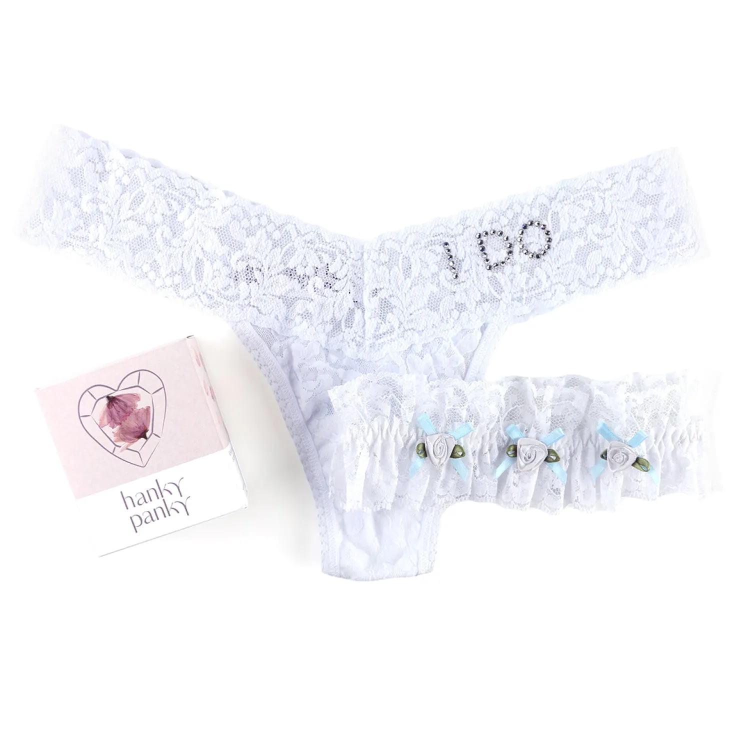 Hanky Panky "I DO" Lace Low Rise Thong & Garter Set