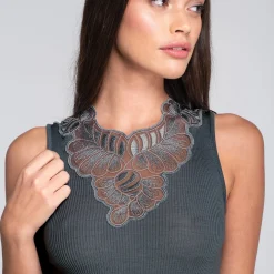 Oscalito Embroidered Tulle V-Neck Ribbed Tank Top