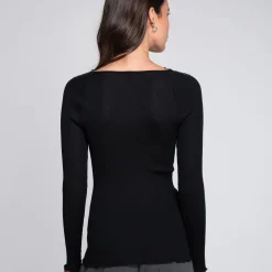 Oscalito Embroidered Tulle V-Neck Ribbed Long Sleeve Top