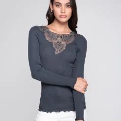 Oscalito Embroidered Tulle V-Neck Ribbed Long Sleeve Top