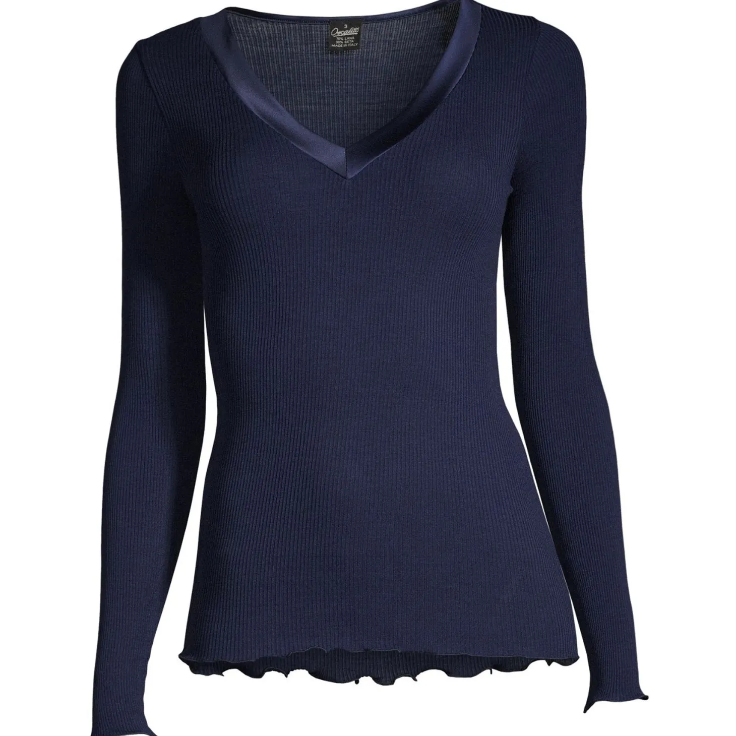 Oscalito Satin Trim V-Neck Ribbed Long Sleeve Top