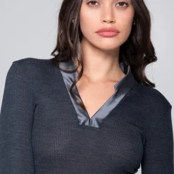 Oscalito V-Neck Ribbed Long Sleeve Top with Satin Trim Collar