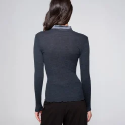 Oscalito V-Neck Ribbed Long Sleeve Top with Satin Trim Collar