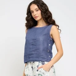 Pistache Linen Sleeveless Side Button Detail Blouse